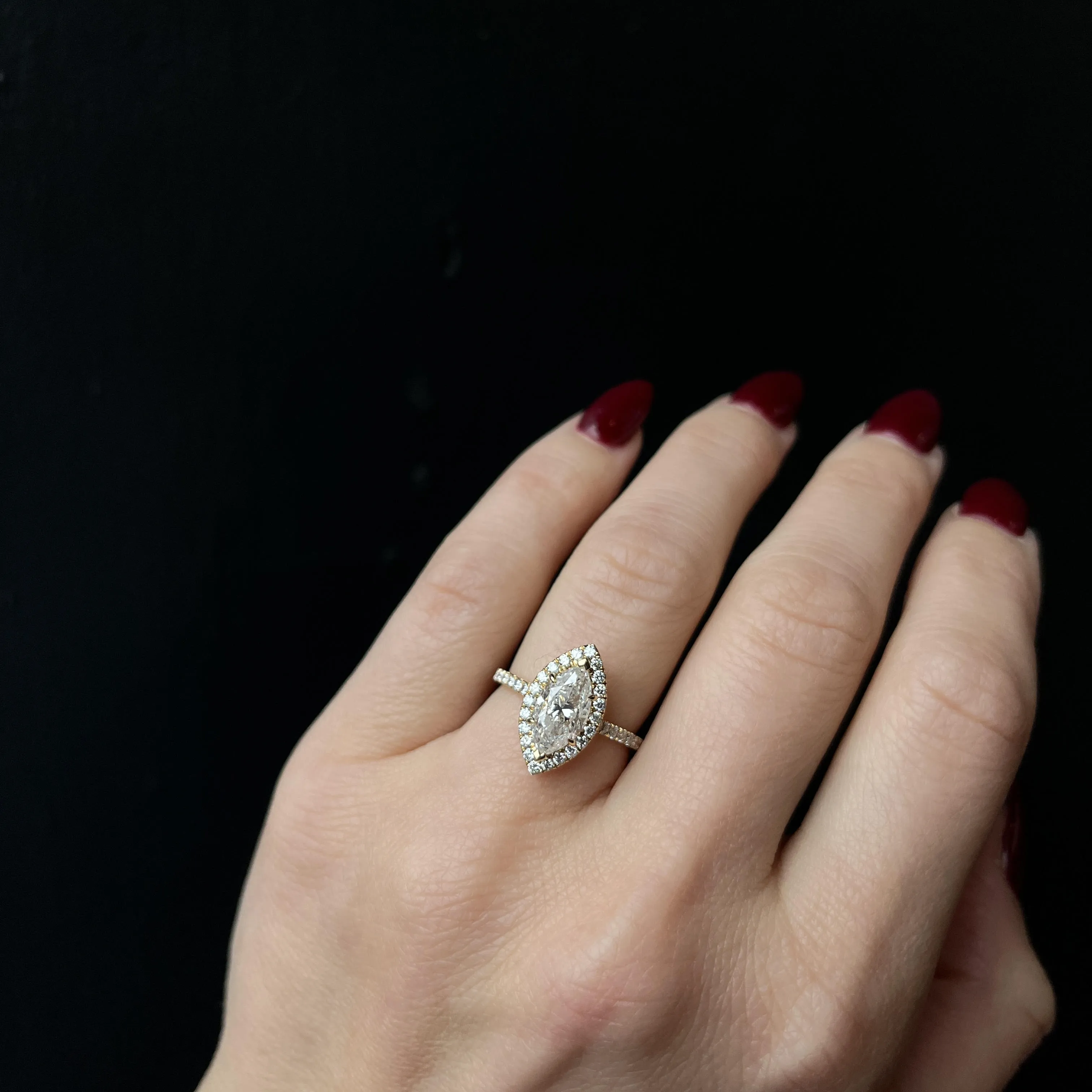14K Yellow Gold 2.02 Carat Marquise Cut Diamond Halo Engagement Ring