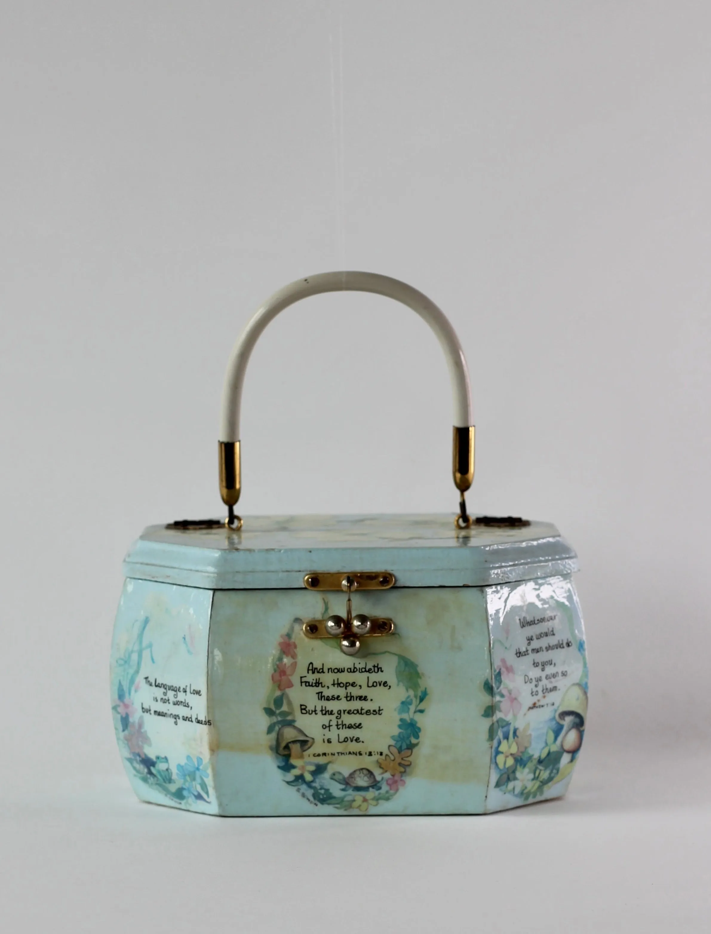 1960s Vintage Pale Blue Wooden Handle Box Bag