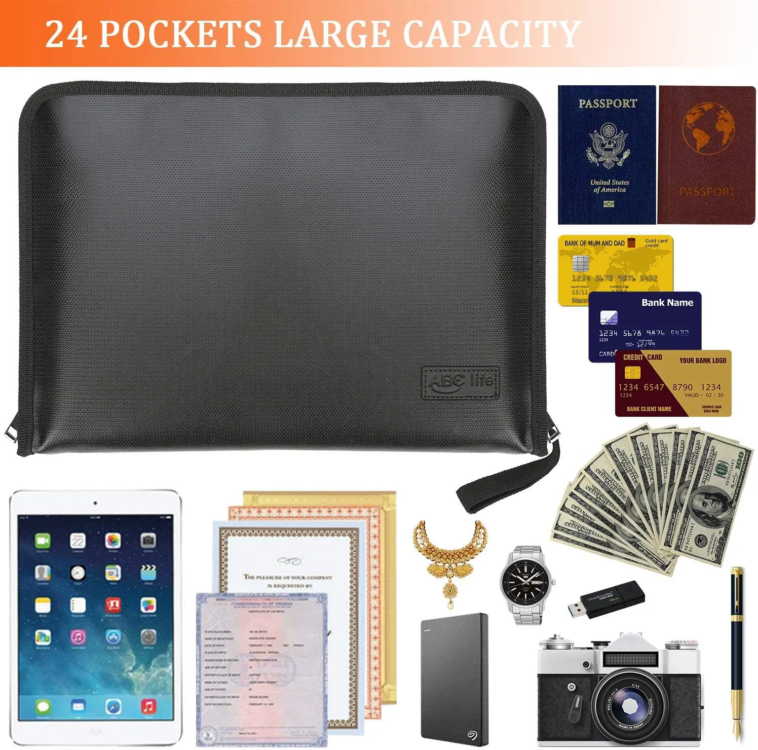 ABC life 25 Pockets Fireproof File Folder Organizer A4/Letter Size Water Resistant Document Bag Money Briefcase Filing Folder with Silicone-Coated Expanding File Organizer Pouch Storage with Zipper