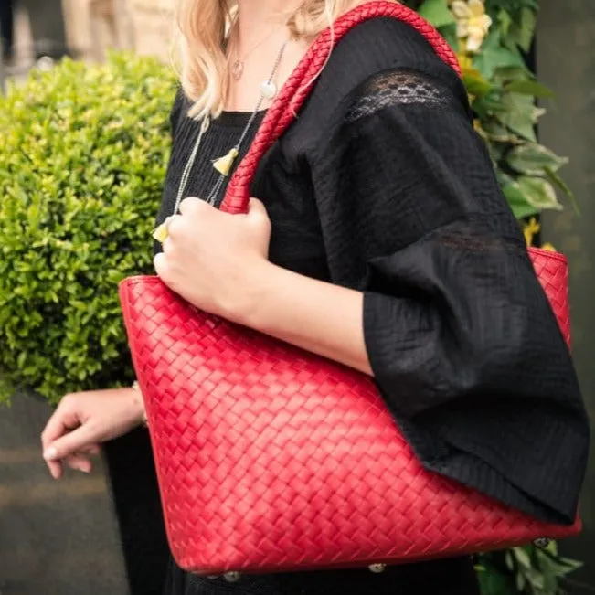 Anya Woven Leather Shoulder Bag - Red