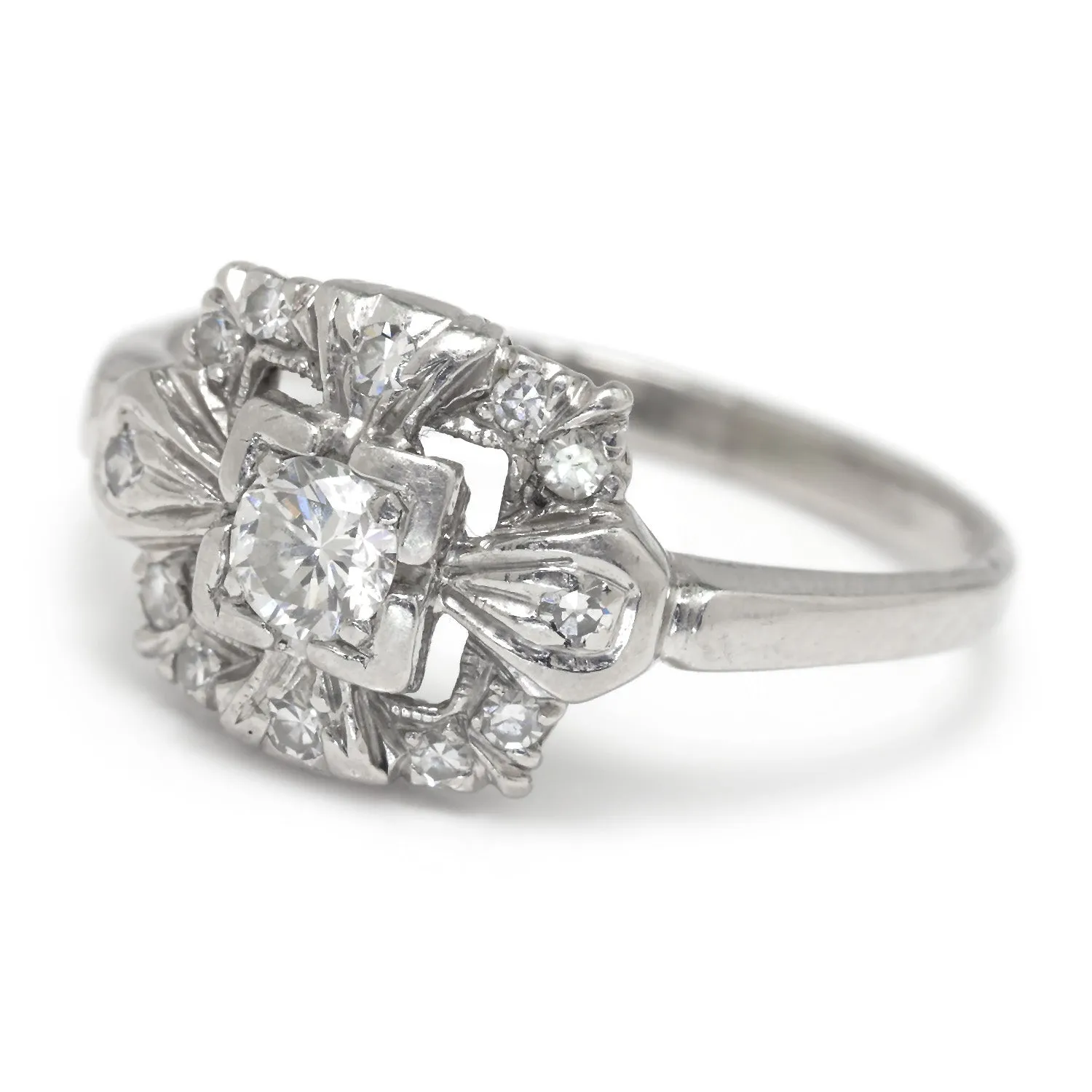 Art Deco Diamond Halo Ring with Accents Platinum 0.31ctw