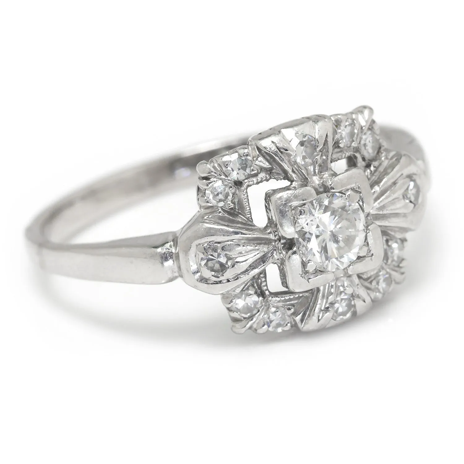 Art Deco Diamond Halo Ring with Accents Platinum 0.31ctw