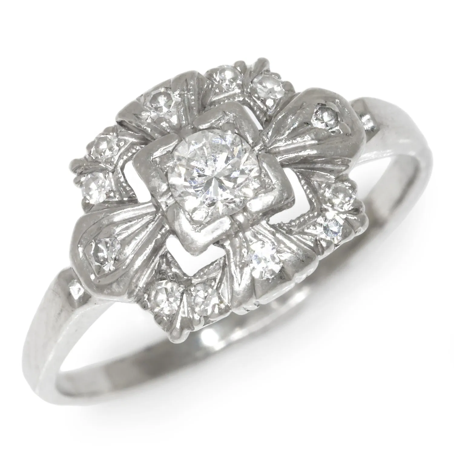 Art Deco Diamond Halo Ring with Accents Platinum 0.31ctw
