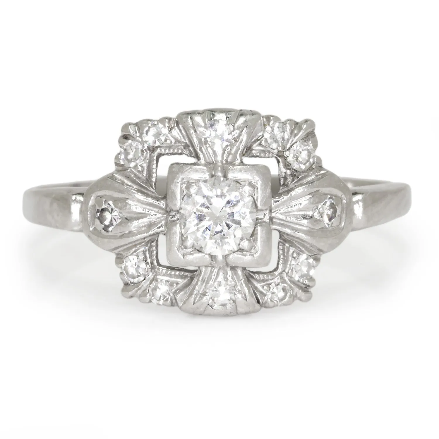 Art Deco Diamond Halo Ring with Accents Platinum 0.31ctw
