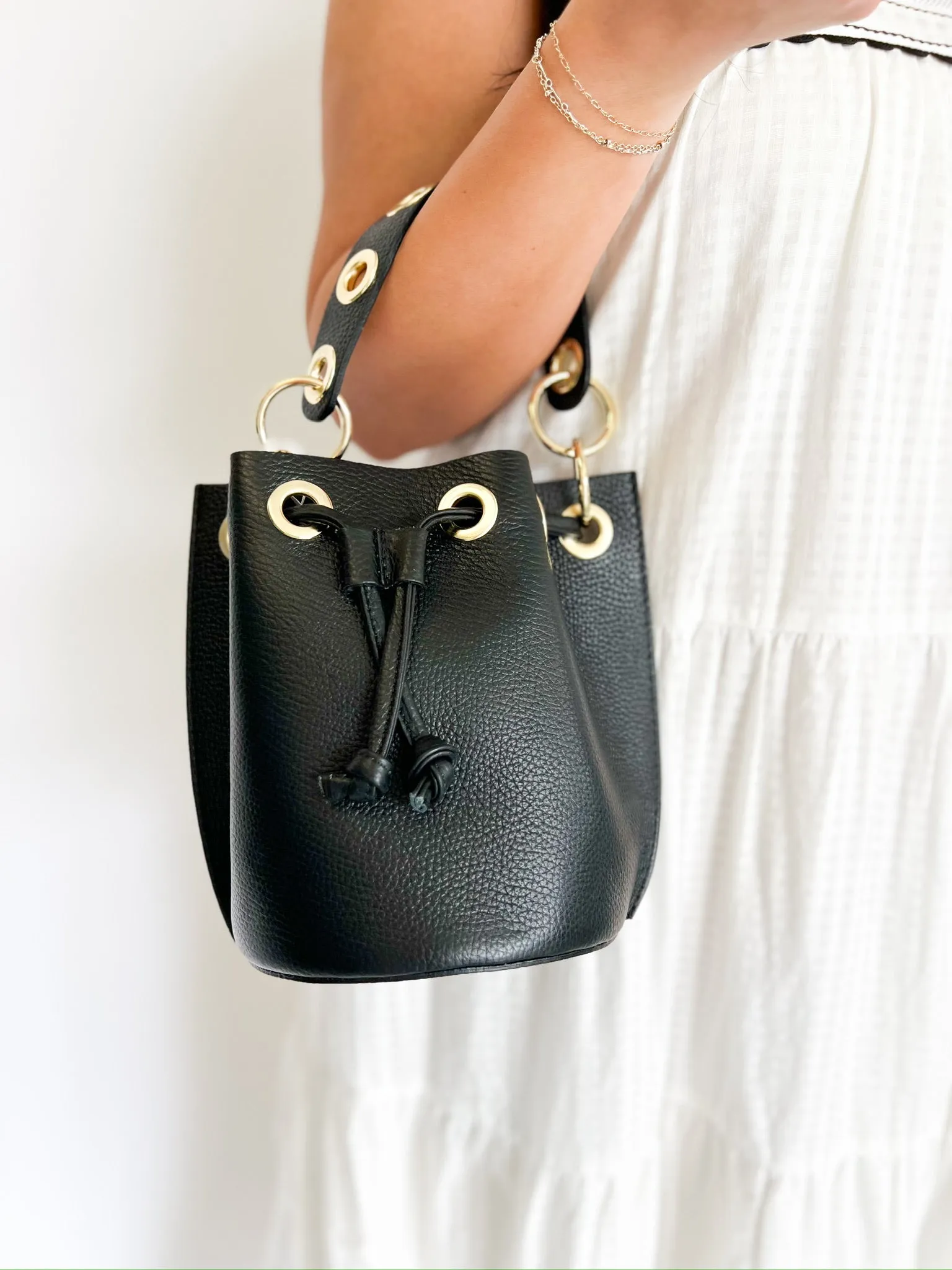 Black Leather Bucket Bag