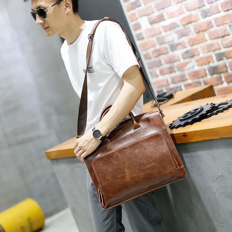 Brand Men's Briefcase Handbag Crazy Horse Pu Leather Bag