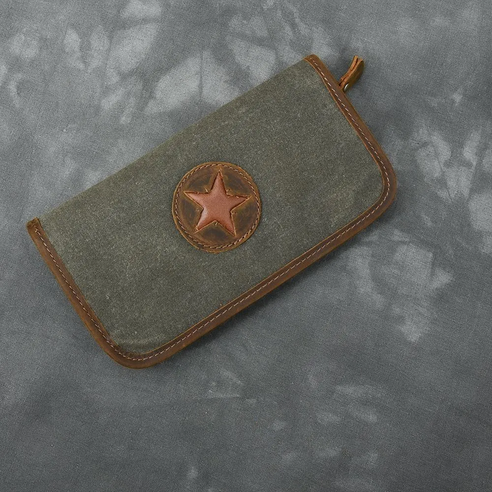 Brown Canvas Mens Long Wallet Zipper Green Clutch Phone Wallet For Men