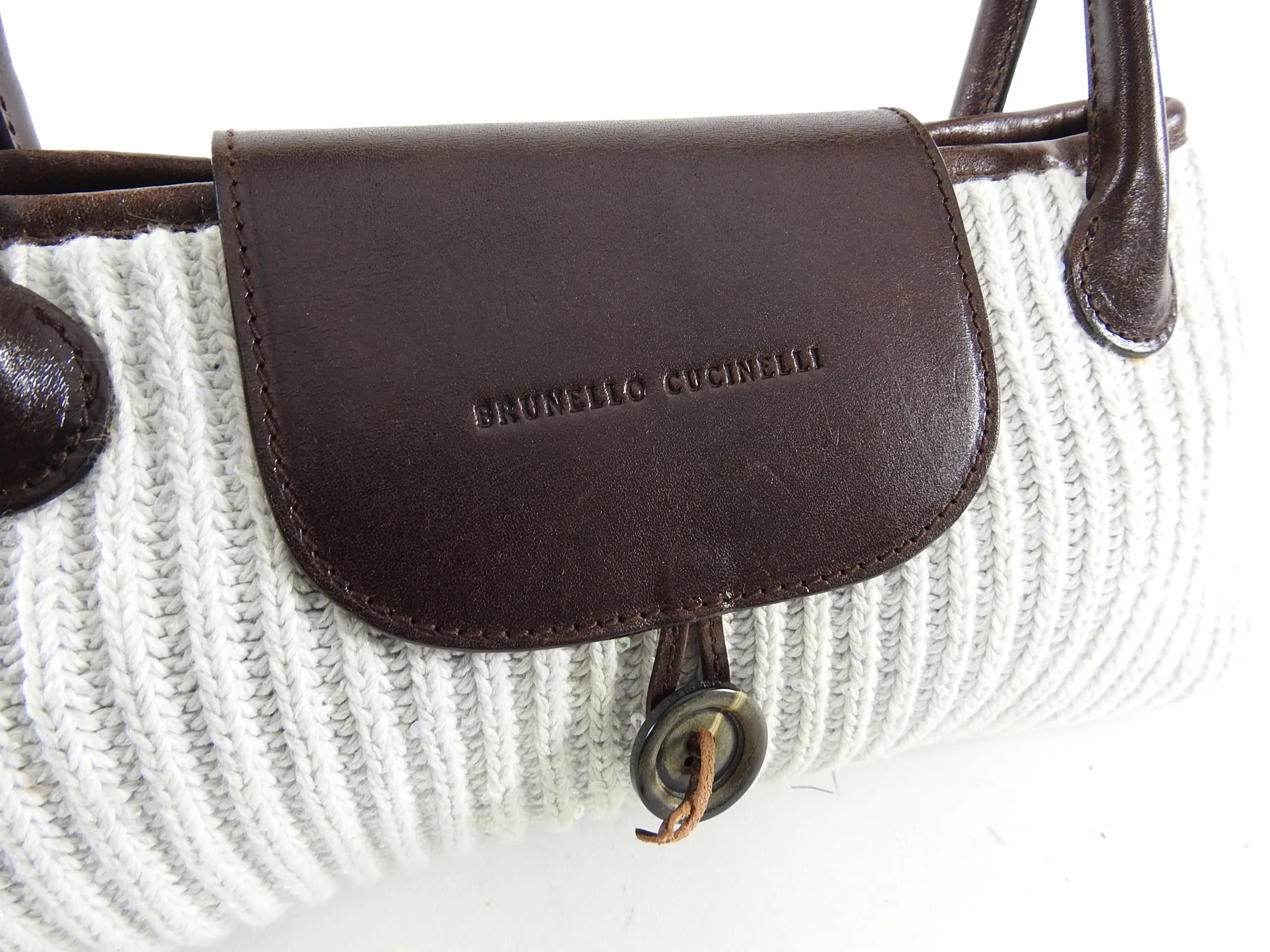 Brunello Cucinelli White Knit and Brown Leather Pochette Bag