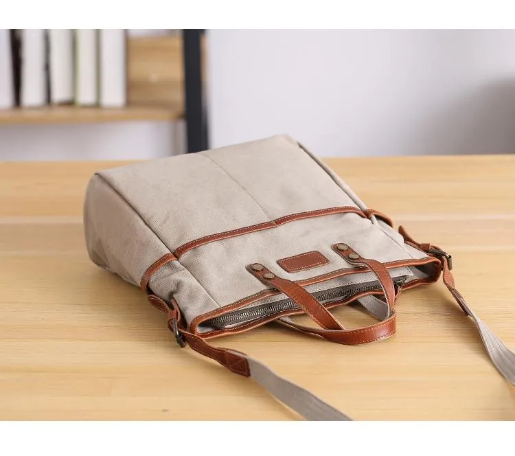 Casual Canvas Leather Mens Womens Large 13" Brown Handbag Tote Bag Beige Shoulder Bag Tote Purse For Men