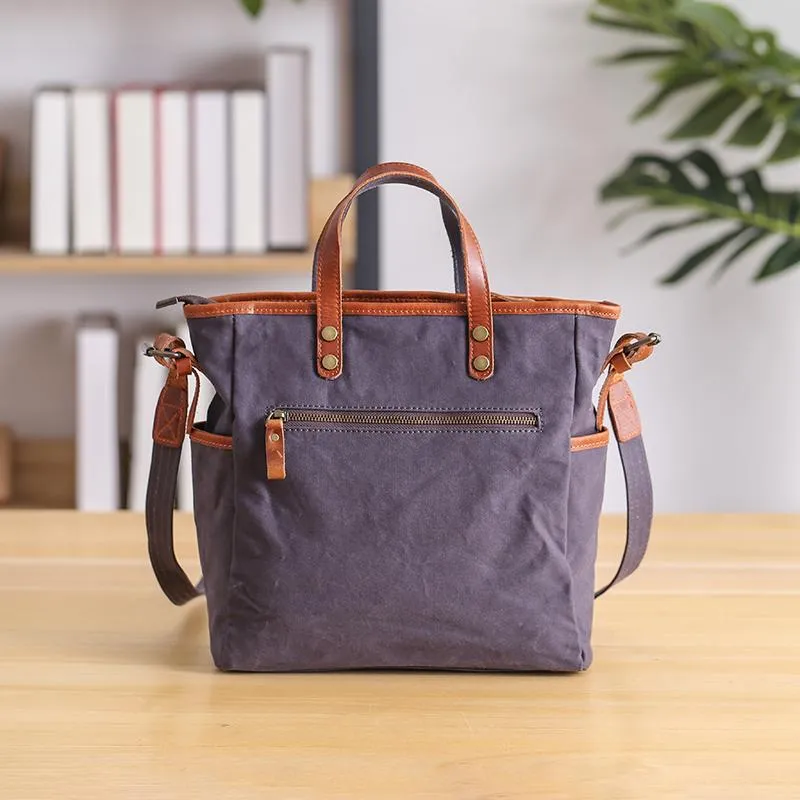 Casual Canvas Leather Mens Womens Large 13" Brown Handbag Tote Bag Beige Shoulder Bag Tote Purse For Men