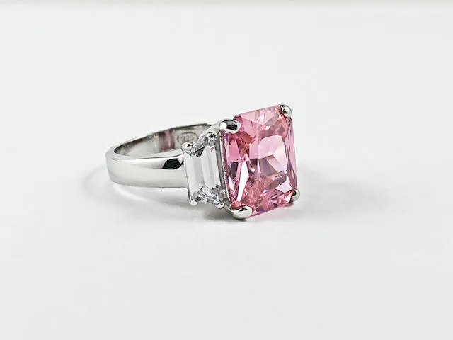 Classic Trillion Style Design Pink Center Square CZ Silver Ring