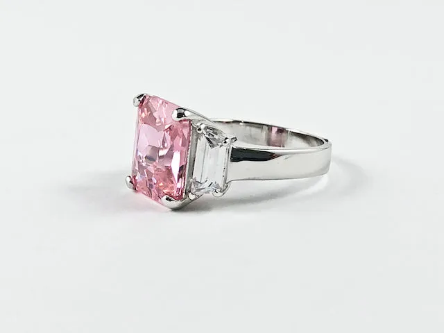 Classic Trillion Style Design Pink Center Square CZ Silver Ring