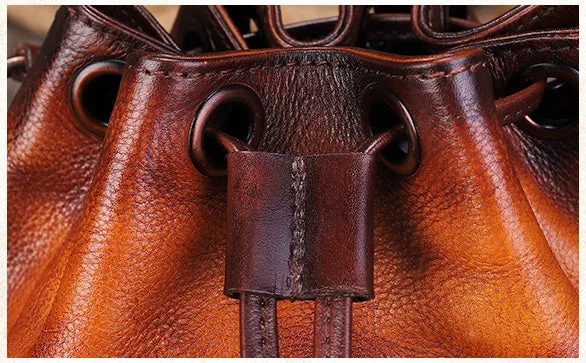 Cute Womens Leather Drawstring Bucket Bag Small Crossbody Purse For Women