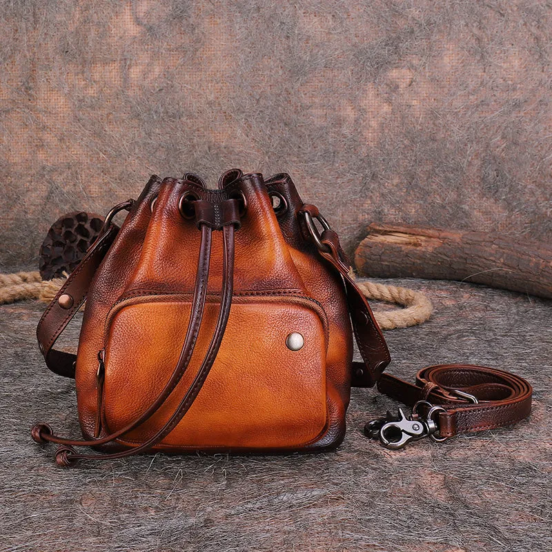 Cute Womens Leather Drawstring Bucket Bag Small Crossbody Purse For Women