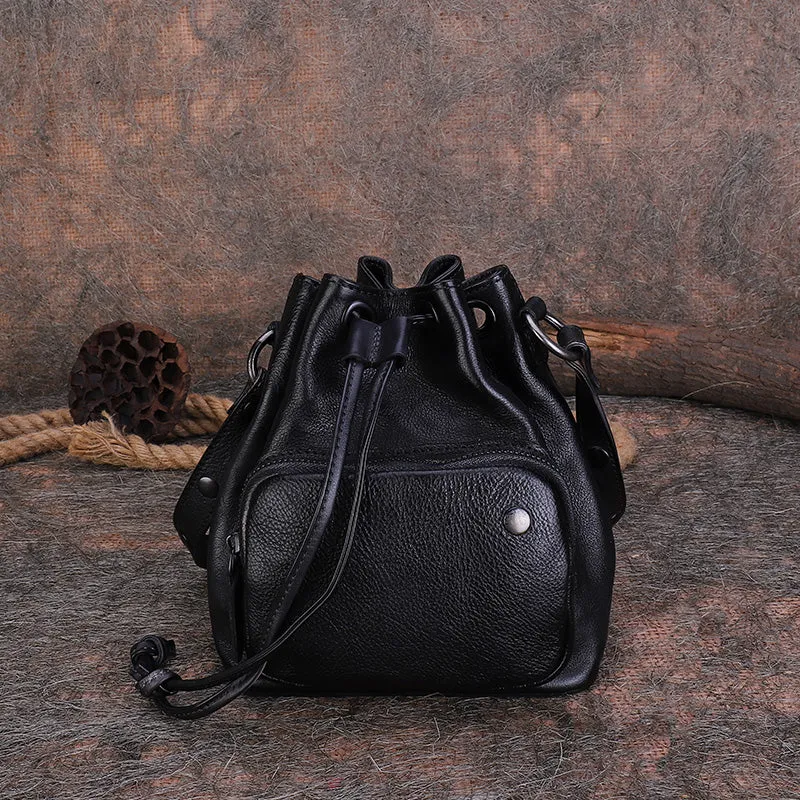 Cute Womens Leather Drawstring Bucket Bag Small Crossbody Purse For Women