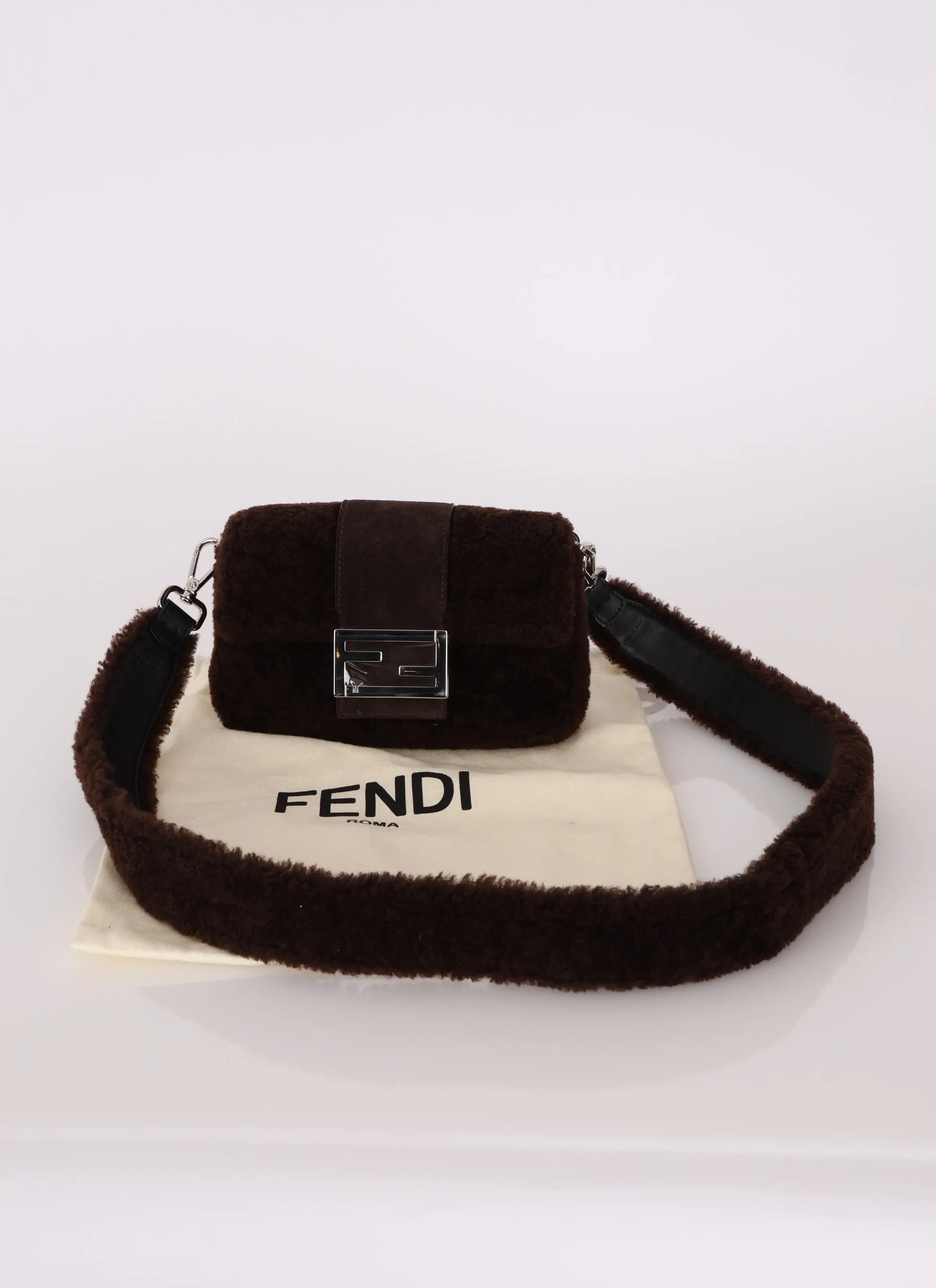 Fendi Shearling Chocolate Mini Baguette Bag