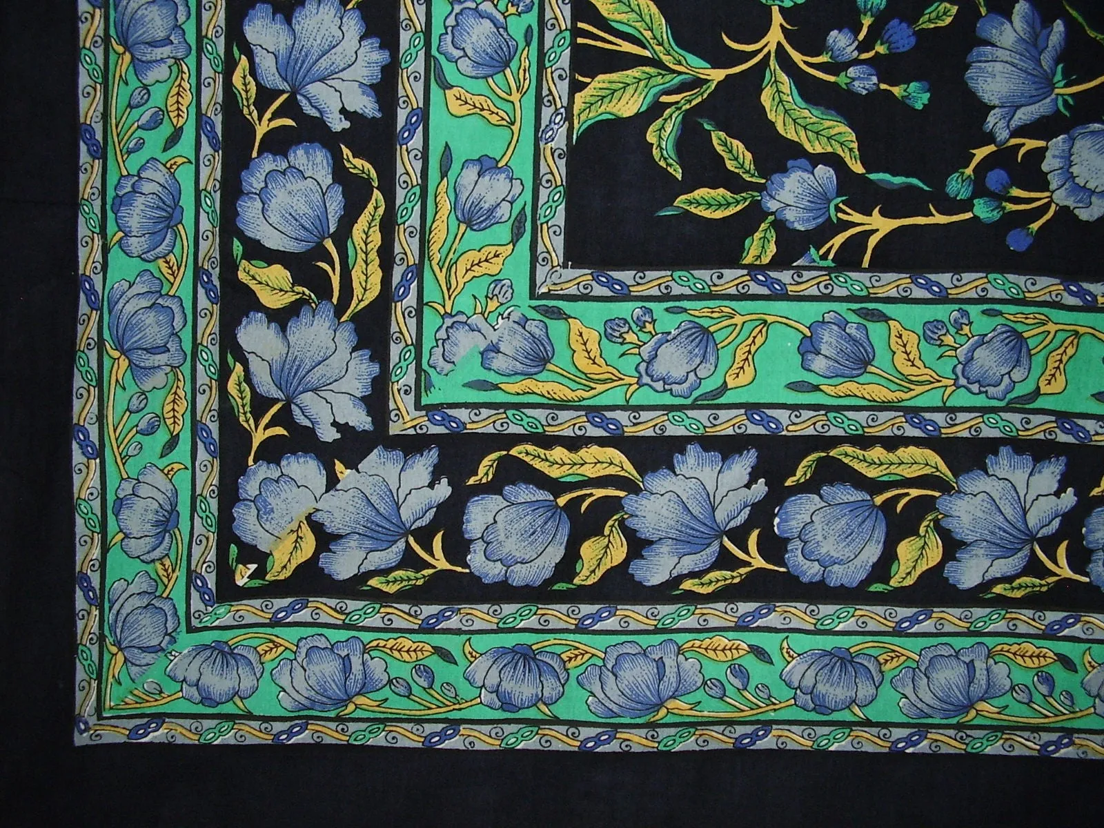 French Floral Square Cotton Tablecloth 60" x 60" Blue on Black