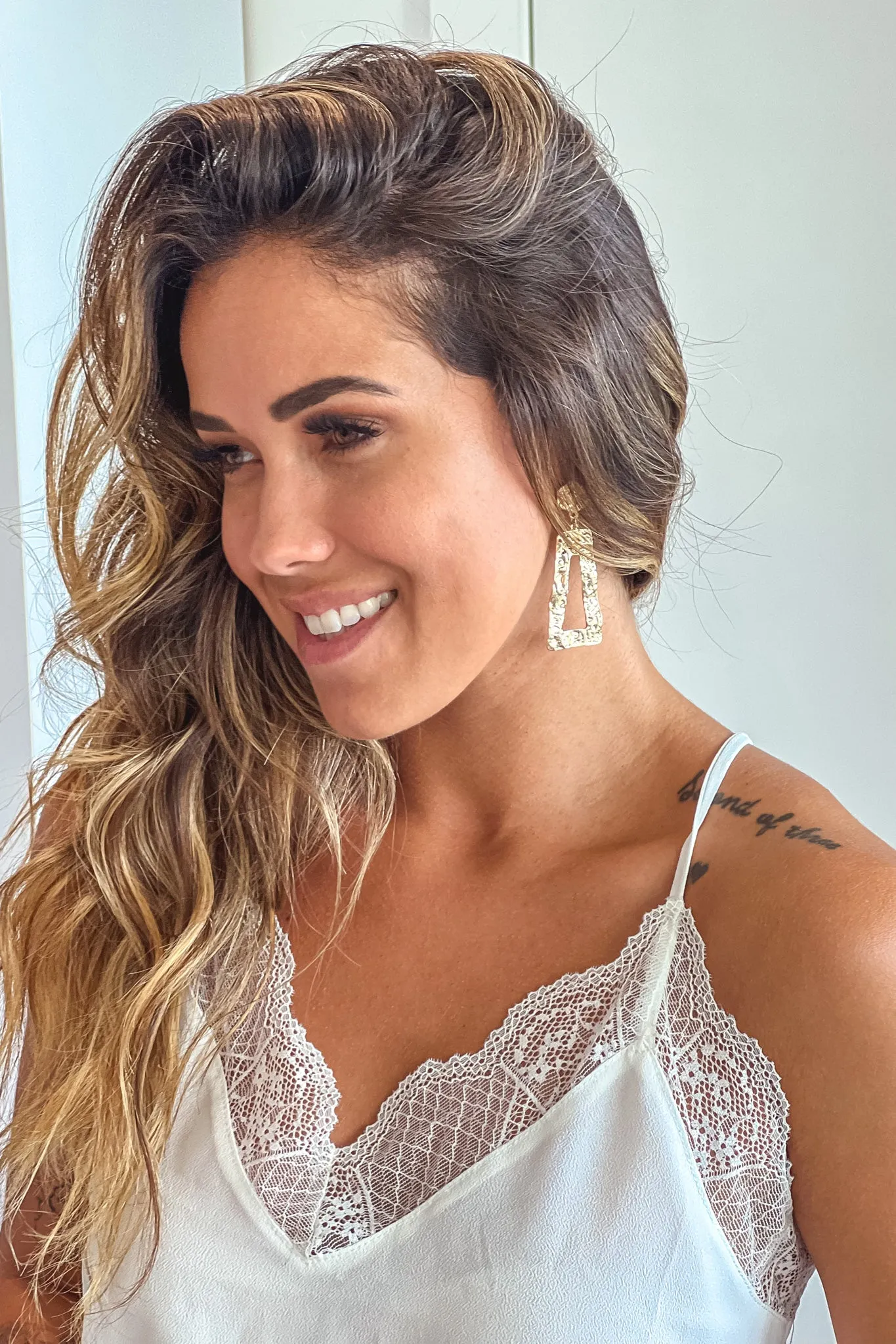 Gold Hammered Trapezoid Drop Earrings