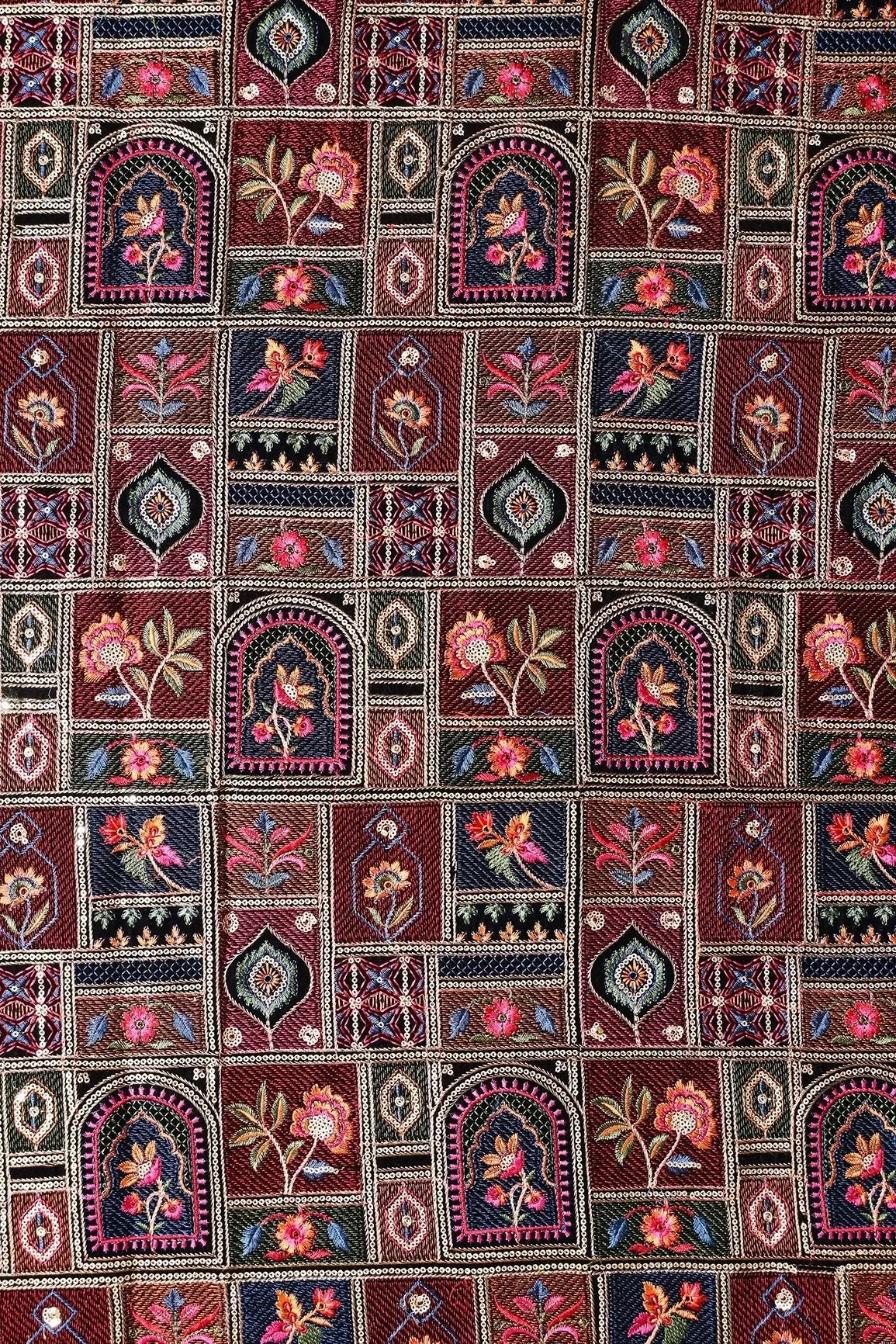 Gorgeous Multi Color Thread With Sequins Traditional Embroidery Work On Black Velvet Fabric