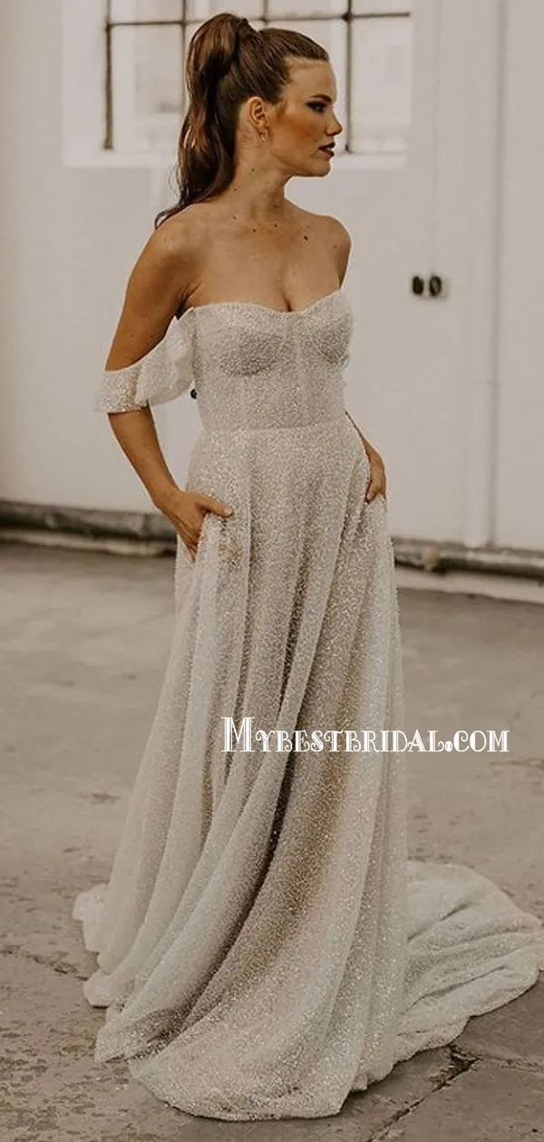 Gorgerous Off-shoulder A-line Lace Simple Wedding Dresses. WDS0093