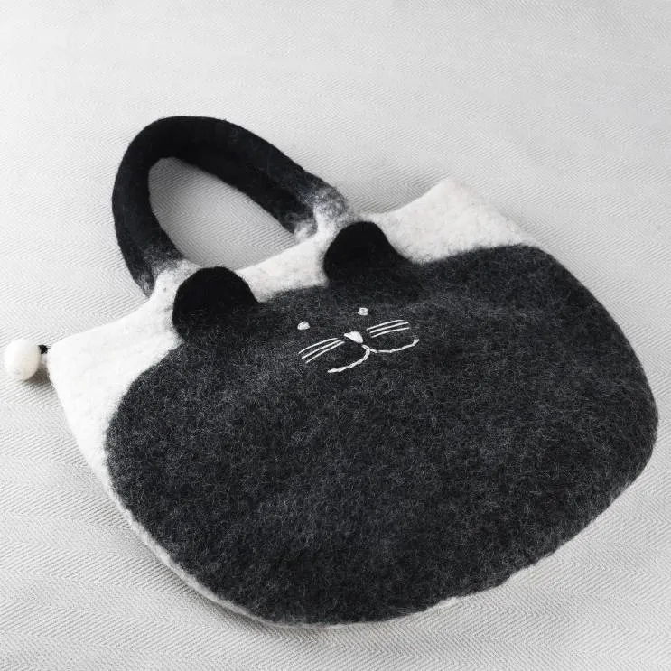 Handmade Funny Cat Wool Felt Handbag Cute Tote Hobo Bags