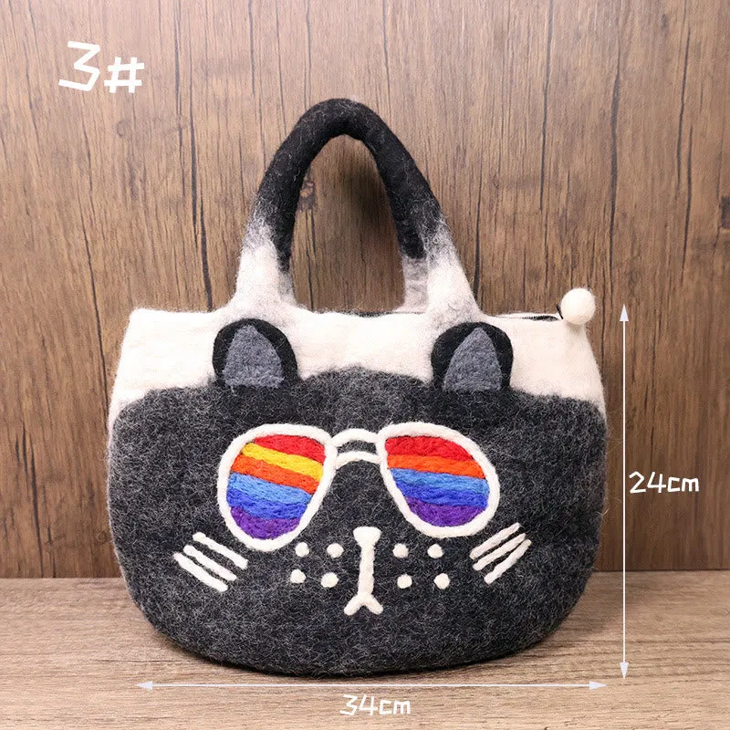 Handmade Funny Cat Wool Felt Handbag Cute Tote Hobo Bags