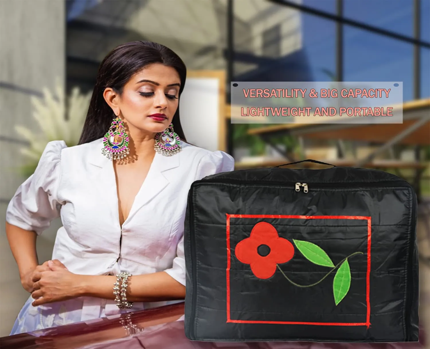Heart Home Polyester Clothes Storage Bag for Travel|Moisture Proof & Foldable|Flower Pattern Wardrobe Organizer Large Size (Black)