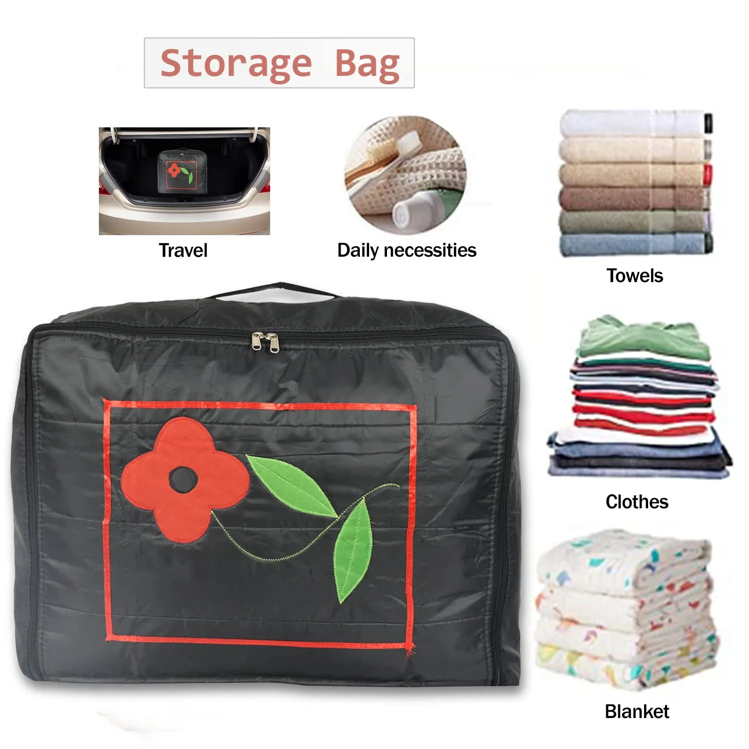 Heart Home Polyester Clothes Storage Bag for Travel|Moisture Proof & Foldable|Flower Pattern Wardrobe Organizer Large Size (Black)