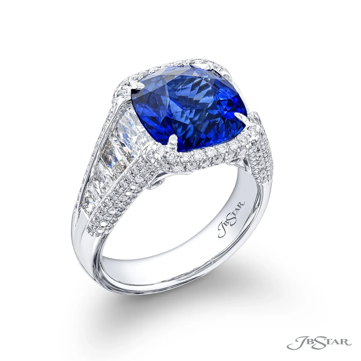 JB Star Platinum Sapphire and Diamond Ring with Diamond Halo