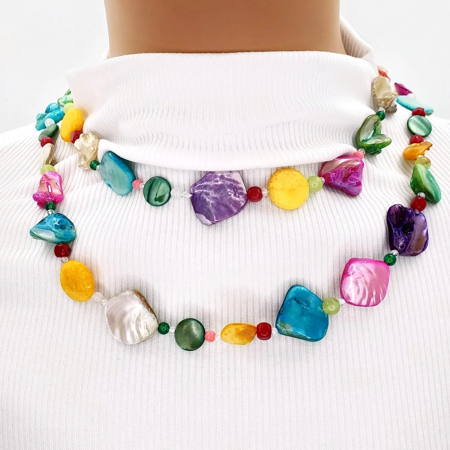 Long Mother Of Pearl Beaded Chunky Necklace