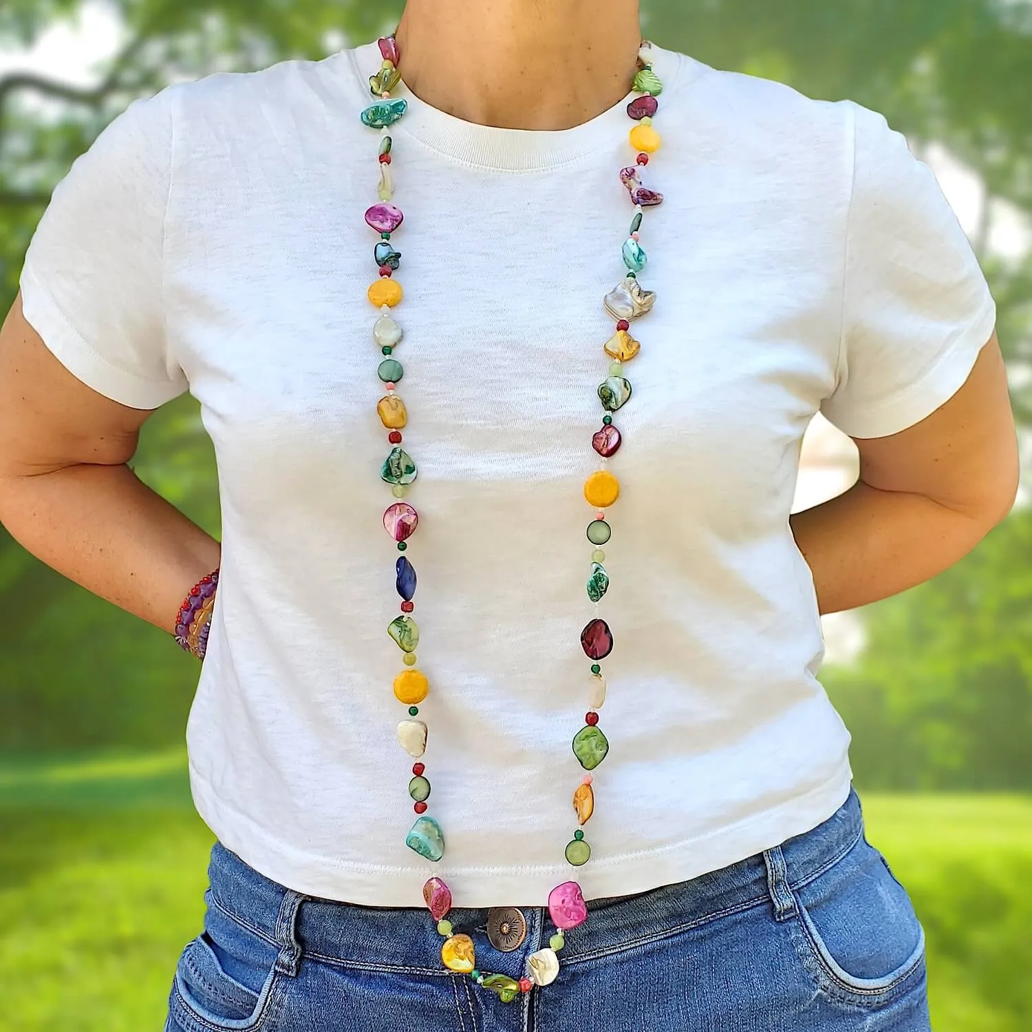 Long Mother Of Pearl Beaded Chunky Necklace
