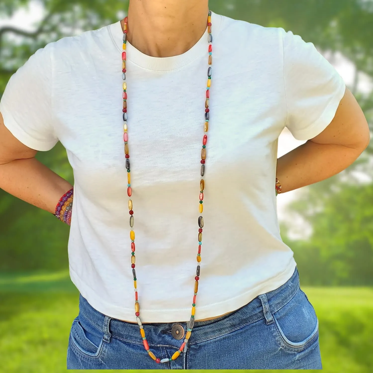 Long Mother Of Pearl Beaded Chunky Necklace