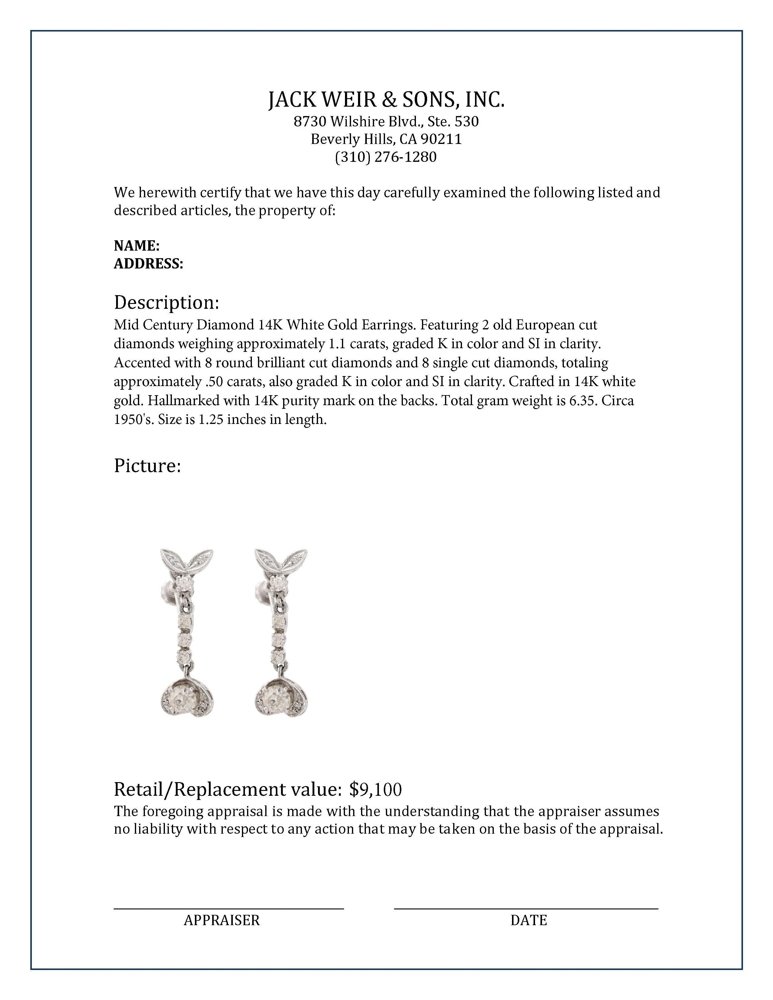 Mid Century Diamond 14K White Gold Earrings