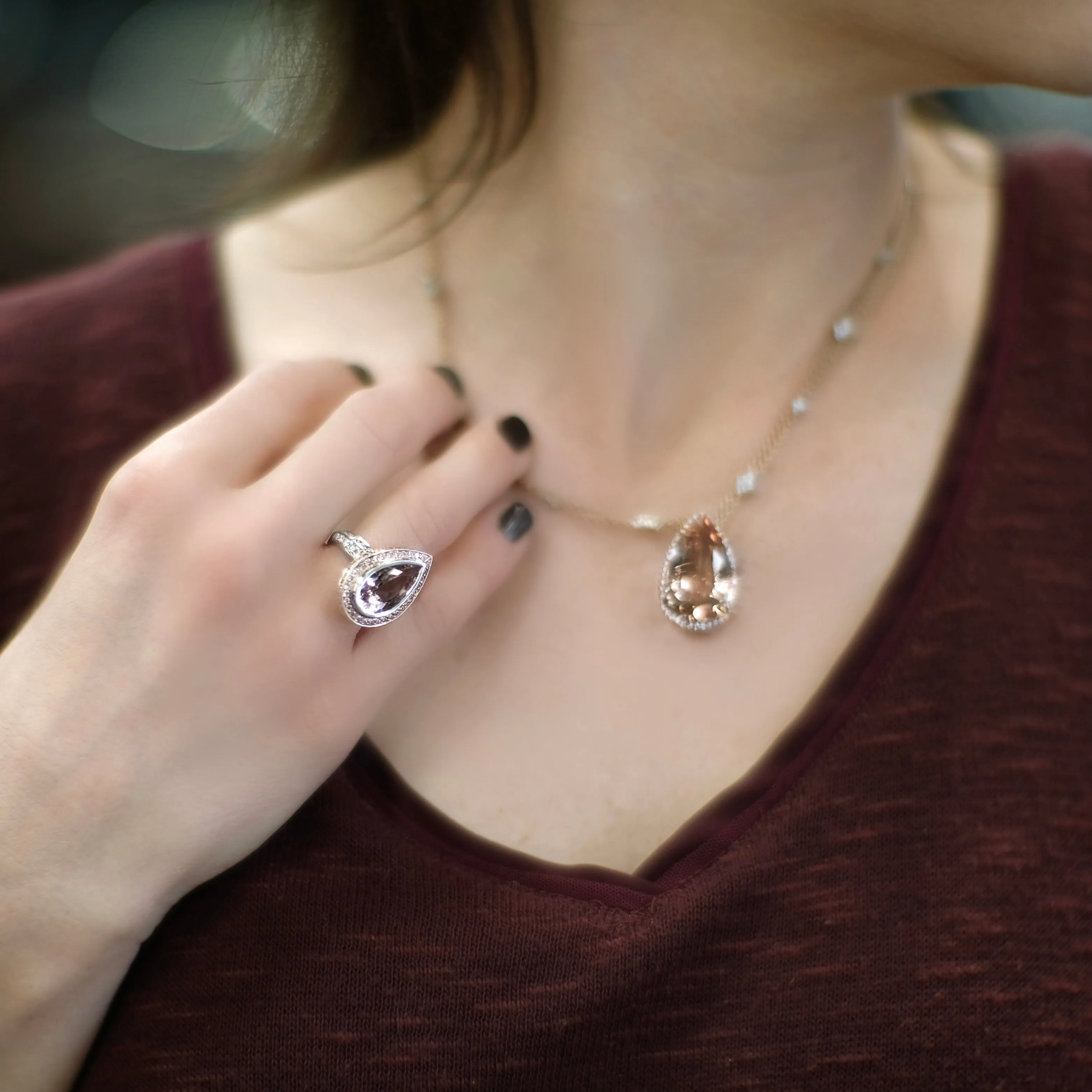 Morganite with Pink & White Diamonds in 18k Rose and White Gold Cocktail Ring