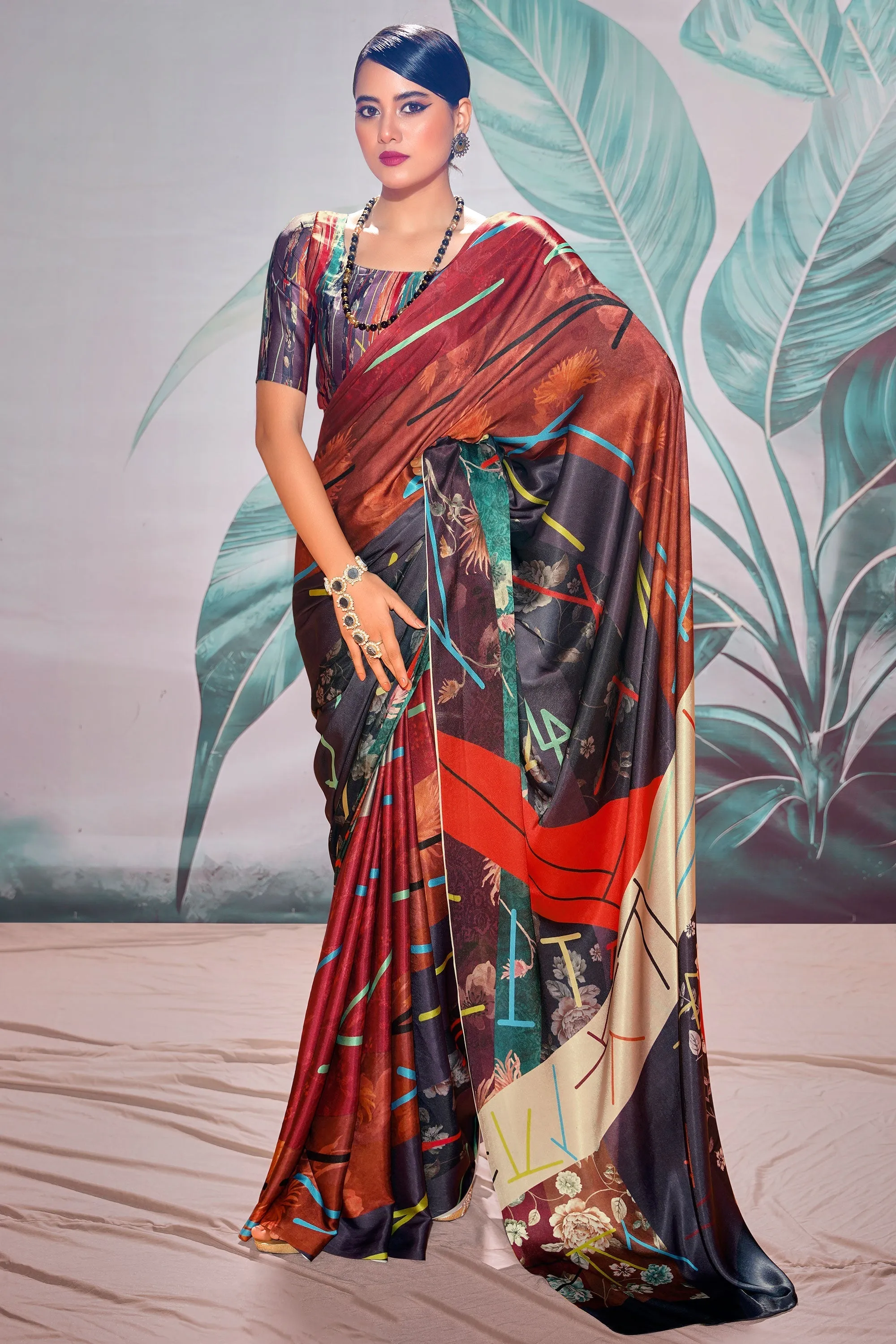 Multi Color Gorgeous Digital Printed Satin Fabric Saree