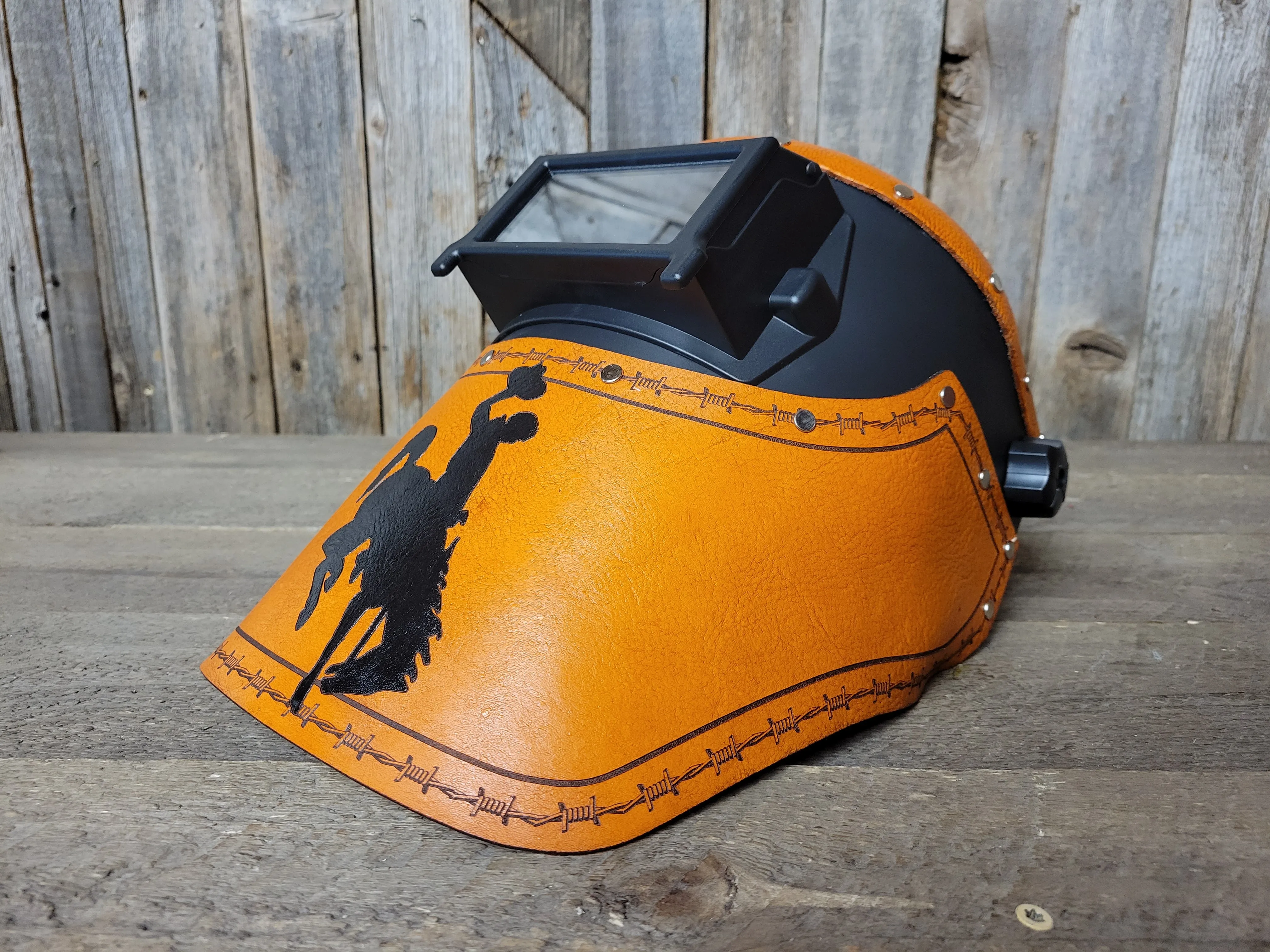 Outlaw Leather - Welding Hood - Bucking Cowboy-Tan