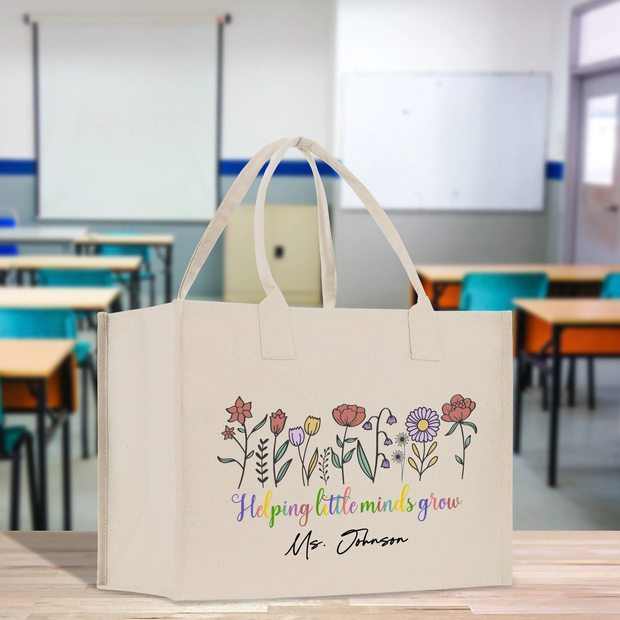 Personalized Floral Teacher Cotton Canvas Tote Bag Gift for Teachers Teacher Life Tote Custom Teacher Appreciation Gift Bag Teacher Name Bag