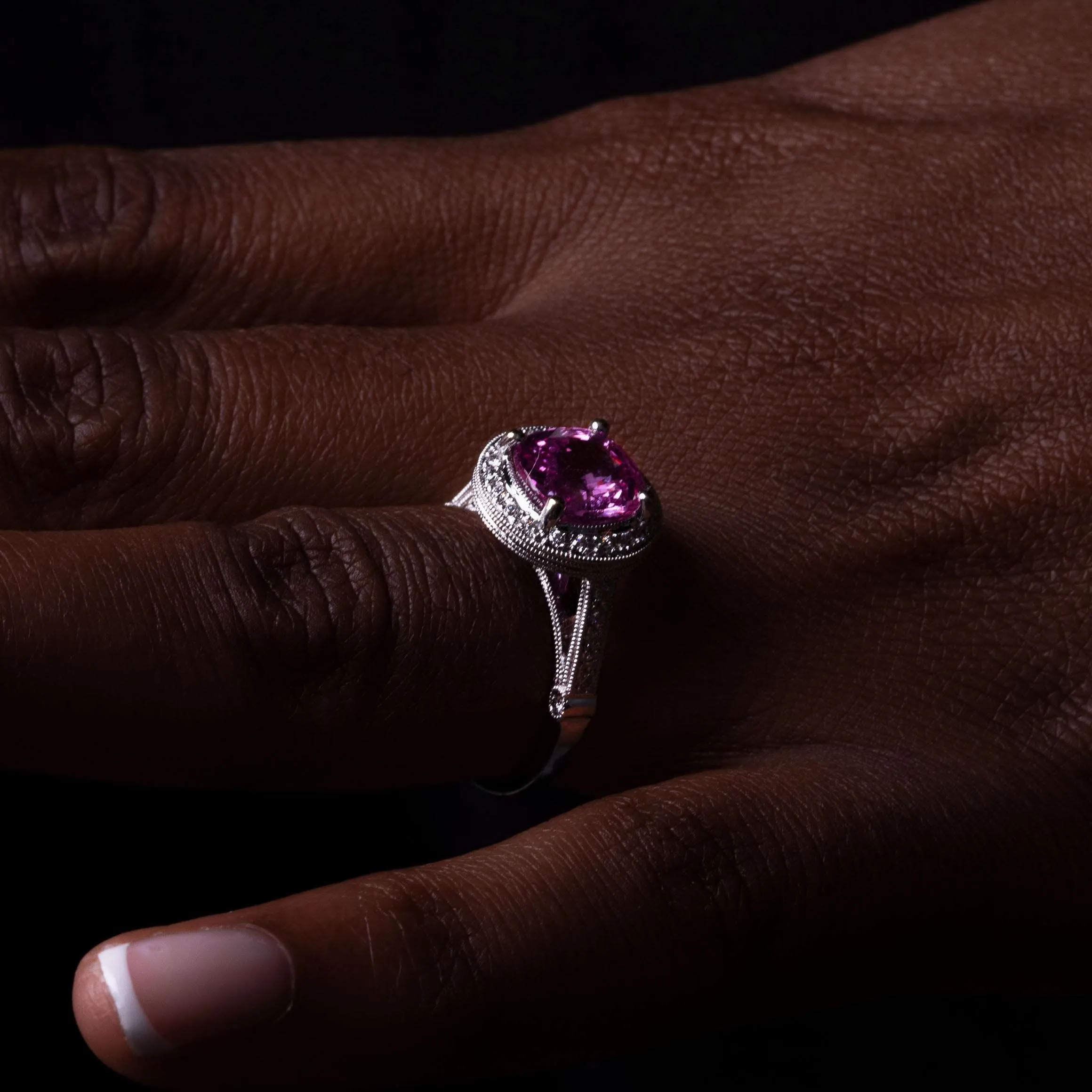 Pink Sapphire & Diamonds White Gold Ring