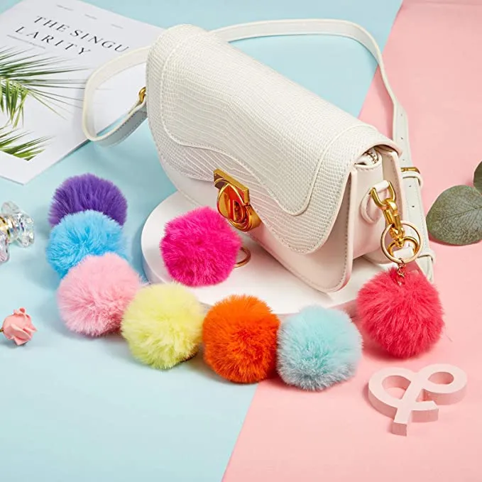 Pompoms Keychain Small Faux Fur Ball with Gold Plated Keyring |  Pink