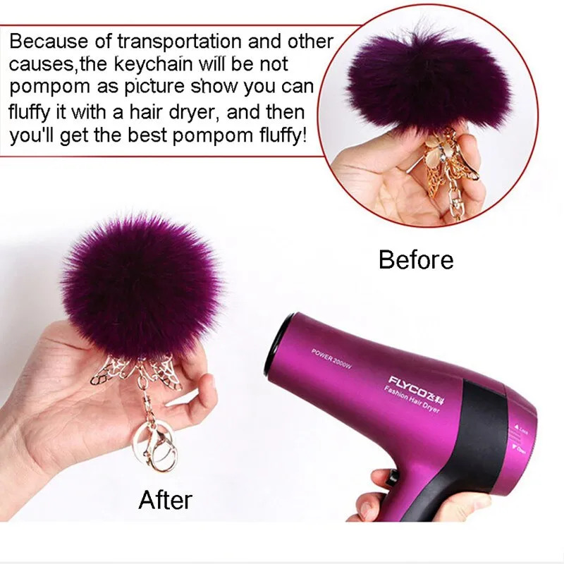 Pompoms Keychain Small Faux Fur Ball with Gold Plated Keyring |  Pink