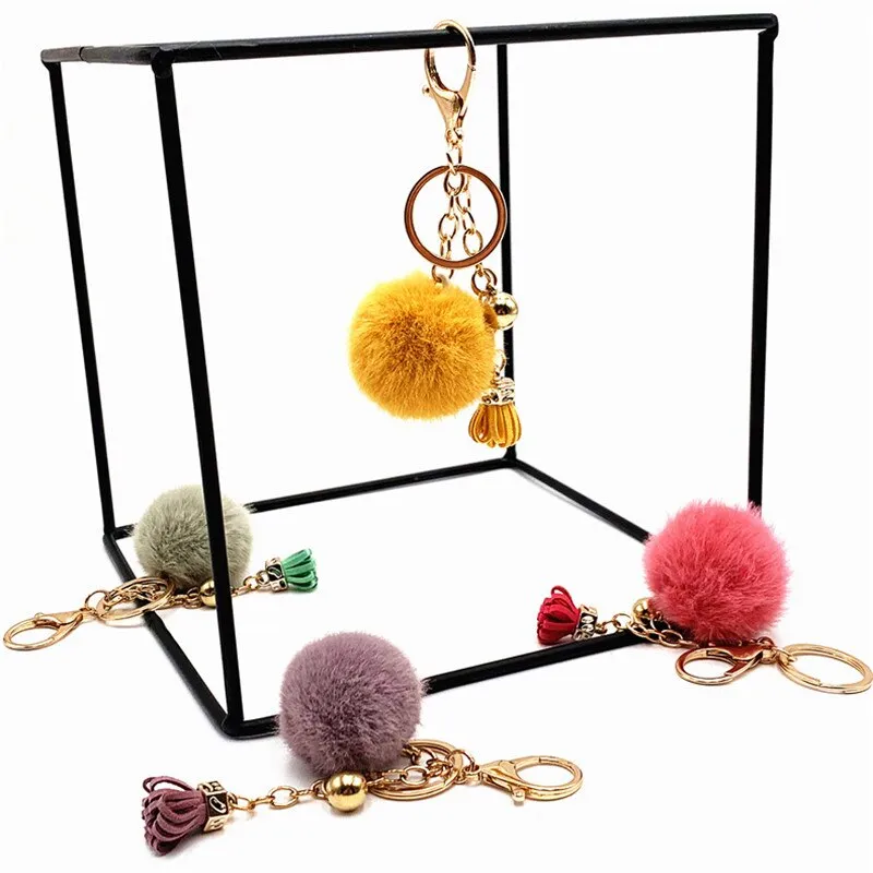 Pompoms Keychain Small Faux Fur Ball with Gold Plated Keyring |  Pink