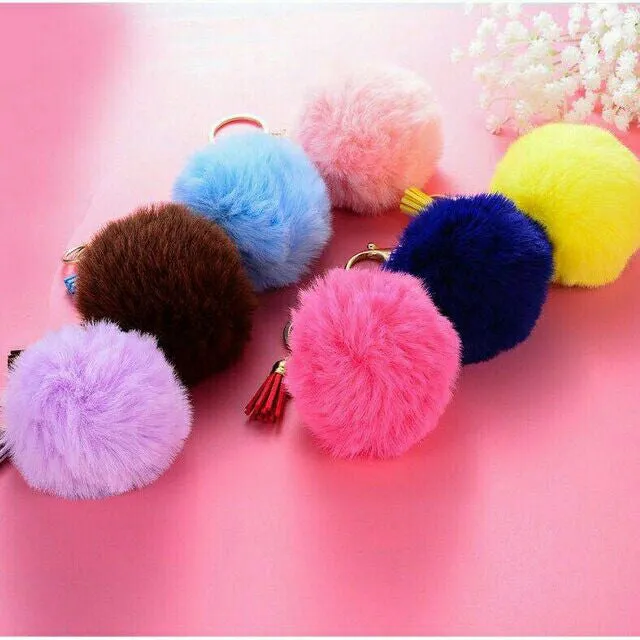 Pompoms Keychain Small Faux Fur Ball with Gold Plated Keyring |  Pink