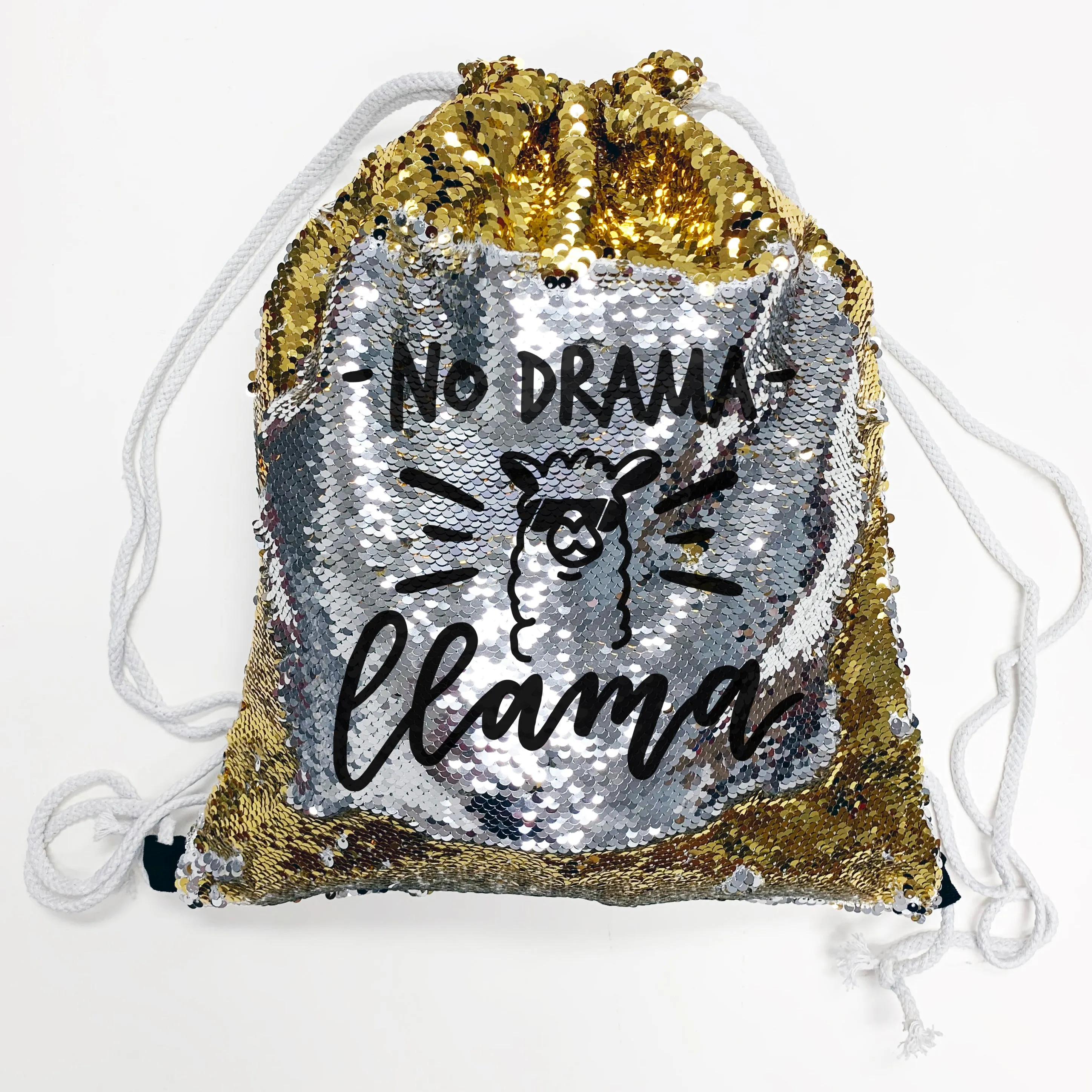 Reversible Sequin Drawstring Bag, Personalized Sequin Bag "No Drama Llama"