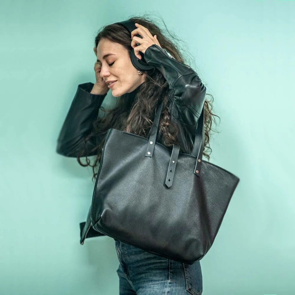 Soft Italian Leather Tote with Zip - Black