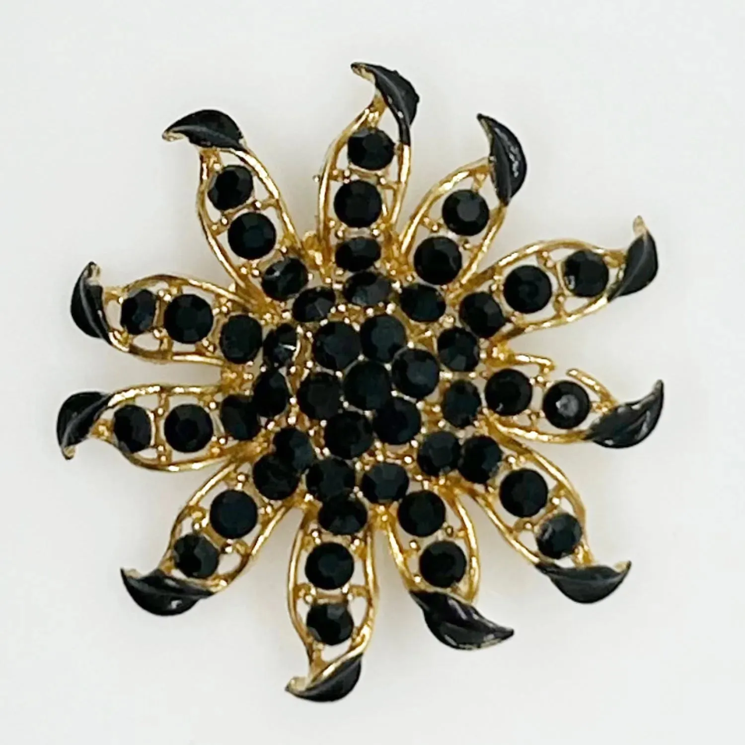 Striking Rays of the Sun Black and Gold Floral Vintage Brooch