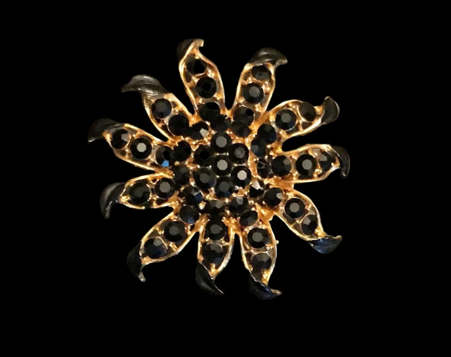 Striking Rays of the Sun Black and Gold Floral Vintage Brooch