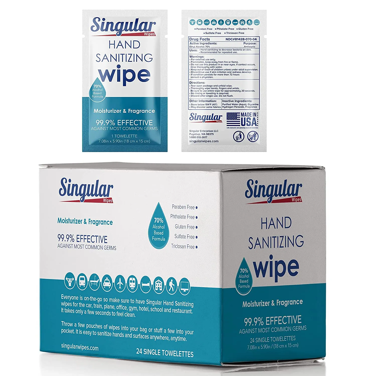 TRAVEL WIPES - Individually Packed Premium Hand Sanitizing Wipes for Travel, Home, Office, School, Etc. with Fragrance and Moisturizer (24 Pcs) - Manufactured in USA