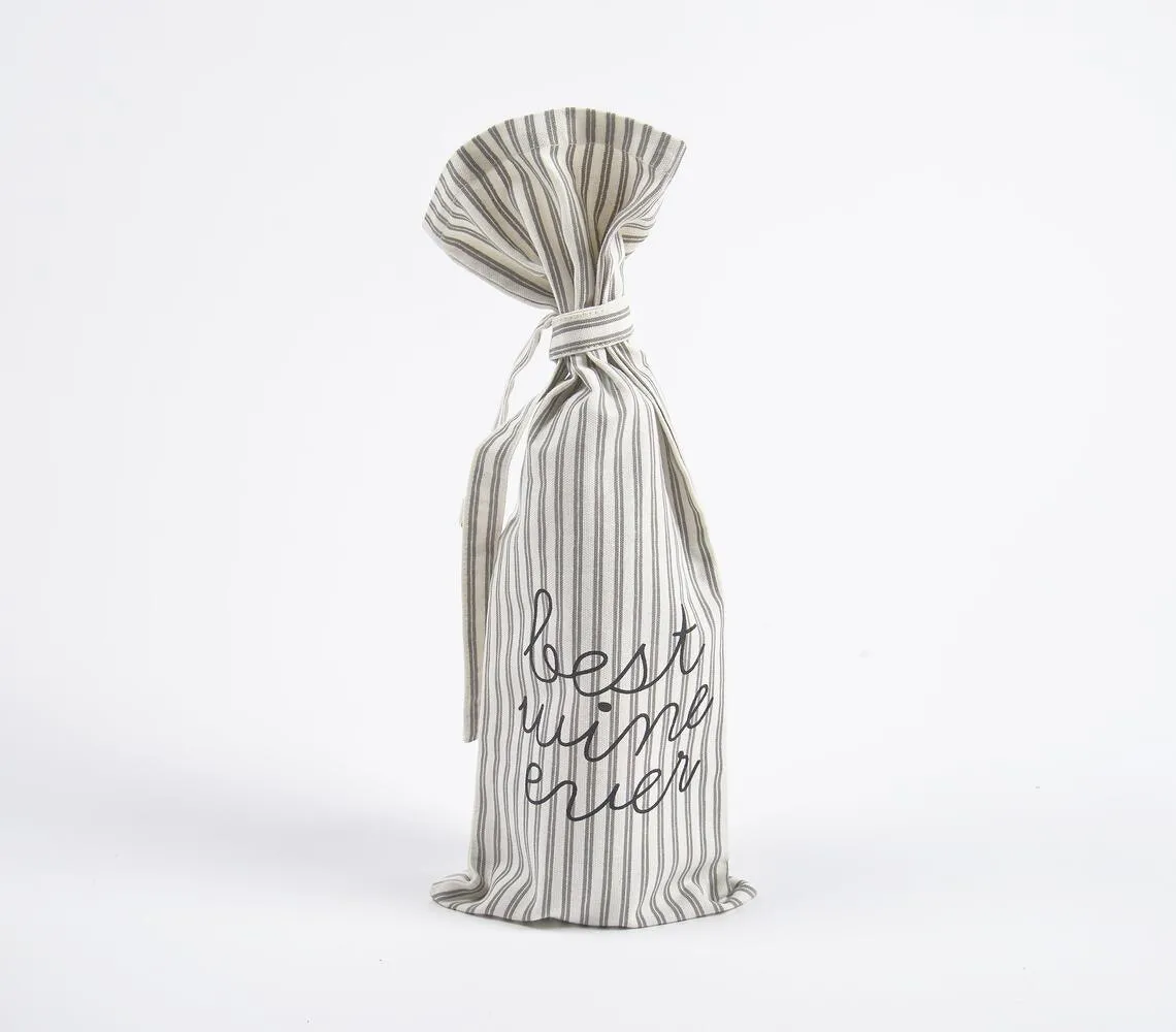 Typographic Striped Drawstring Canvas Wine Bag